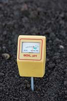 Soil pH meter inserted into garden soil.