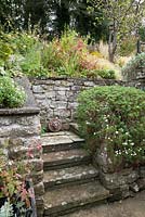 Steps lead up the terraced bank behind the house past a mix of herbaceous perennials and shrubs including red leaved Persicaria microcephala 'Red Dragon'.