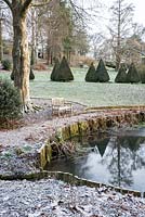 Icy pond on a winter morning with an avenue of dark yew pyramids running though the garden above.