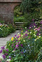 A spring border with Tulipa 'Spring Green', pink honesty, Meconopsis cambrica and Myosotis sylvatica, April. Great Dixter.