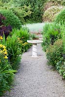 The Front Garden. Bird Bath. Foliage of crocosmia, view to bed of Leymus arenarius, Gravel path. Mounds of clipped Osmanthus burkwoodii. Veddw House Garden, Monmouthshire, South Wales. July 2015.  Garden created by Anne Wareham and Charles Hawes.