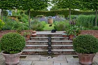 A contemporary, pumped water feature carries water down the steps to a small pebble pool. Above, pleached hornbeams frame views of perennial borders. Cats: Jack and Mumtaz