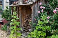 A log store, flanked by roses, hollyhocks and valerian.