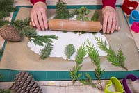 Once the modelling clay has been flattened, place the conifer foliage on the clay and gently apply pressure to add impressions