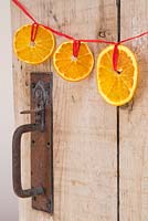 A hanging decoration of red ribbon and dried Citrus fruit