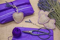 Christmas presents with scented hessian Lavender heart satchels containing dried Lavender flowers