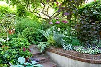 Wide view of urban garden with raised brick wall borders with spring pots and steps