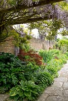 The Secret Garden at Great Maytham Hall, Rolvenden, Kent. Stunning Wisteria floribunda macrobotrys and a border where most plants are about to flower. 