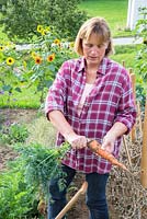 Katrin Schumann harvesting carrots in her small vegetable garden