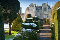 Topiary shapes with a dusting of snow at Levens Hall Topiary Garden, Cumbria, UK. 