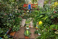 Inner city garden with lamium, mondo grass and various palms features colourful eclectic retro pieces sourced from local markets. 