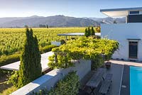 Vines covering a table and bench next to the pool  with views of the mountains and vineyards beyond at Bhudevi Estate garden, Marlborough, New Zealand.