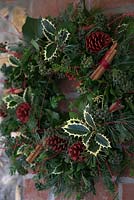 Christmas wreath making workshop. Wreath features Hedera - Ivy, Ilex - variegated Holly, red sprayed fir cones, dried apples, Pinus - Christmas tree twigs and Cinnamon sticks. December, St Francis Cottage