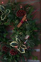 Christmas wreath making workshop. Wreath features Hedera - Ivy, Ilex - variegated Holly, red sprayed fir cones, dried apples, Pinus - Christmas tree twigs, red twigs, Cinnamon sticks and red fairy lights. December, St Francis Cottage