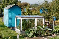 Late summer allotments at Alderman Moore's site in Bristol, small recycled greenhouse