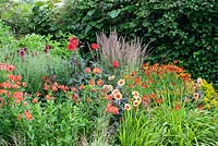 Red themed flowerbed with Dahlia 'Moonshine', Helenium 'Moerheim Beauty', Hemerocallis 'Stafford', Alstromeria 'Margaret' and grasses at Southlands, July 