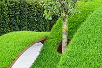 Floating waves made of Corten steel planted with turf surrounding Pyrus calleryana 'Chanticleer' in The World Vision Garden. The RHS Chelsea Flower Show 2016 - Designer:  John Warland - Sponsor: World Vision - SILVER-GILT