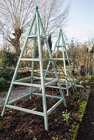 Painted wooden obelisks to support clematis and climbing roses in the summer.