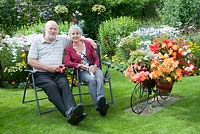 Doreen Wood and Dave Hawkins in their garden. Manvers Street, Derbyshire NGS