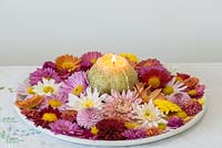 Floating in a bowl of shallow water, a display of colourful hardy chrysanthemum blooms surrounding a candle.