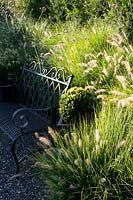 Seat bench of steel with Pennisetum alopecuroides