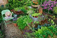 Mini kitchen garden made using recycled materials like a water tank, roof tiles, shrub prunings and a tin plasterers' bath. Some crops are ready to harvest, others are being planted. Flowers are included to attract beneficial insects.