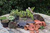 Step by Step - Materials required are terracotta pots, crocks, compost, hanging basket, permeable membrane and a variety of Succulents