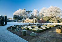 View across frosted Parterre - Lanton Tower, Jedburgh Scotland