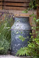 The Lavender Garden. Lavender and fern by metal milk urn. Designers: Paula Napper, Sara Warren and Donna King. Sponsor: Shropshire Lavender. 