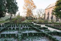 Knot garden planted with euonymus in The East Garden at the Bishop's Palace, Wells in which variously coloured dahlias from the bishop series flower during summer, here frosted on a November morning