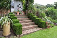 Stepped geometric topiary leading down brick steps to garden