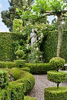 Formal garden with box topiary and hedging. Rosa 'Climbing Bonica'. Frank Thuyls garden.