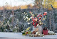 Glass jar with frosted Crab apples, Snowberries and Hawthorn berries