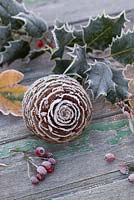 Frosted Pine cones, Holly leaves and Hawthorn berries on wooden surface