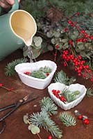 Place the Pine foliage, Eucalyptus and Ilex verticillata berries in the heart moulds and add water