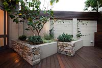 Inner city courtyard with featuring a raised garden with stone stack wall with a Cercis tree