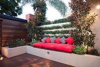 Inner city courtyard with raised garden bed bench seat with grey and red cushions. A brick wall with Trachelospermum jasminoides and Star jasmine