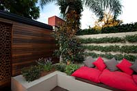 Inner city courtyard with raised garden bed bench seat with grey and red cushions. A brick wall with Trachelospermum jasminoides