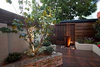 Inner city courtyard with featuring a raised bed with stone stack wall with a Cercis tree,a freestanding ceramic water feature, a rusty corten decorative screen and a timber slat panel wall