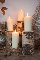 A candle lit display on different size Birch logs