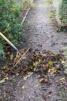 Garden path with pile of raked leaves and lawn rake.