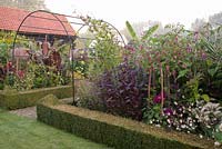 Formal country garden with metal archway over brick path and tropical summer planting of Setaria palmifolia, Zanzi palm, Ensete,  Ameranthus 'Hopi Red', Gaura, Persicara orientalis. Ulting Wick, Essex