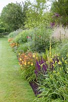 A long herbaceous border featuring plants such as Hemerocallis 'Corky', Foeniculum vulgare 'Purpureum', Salvia nemorosa and Campanula lactifolia at Bluebell Cottage Gardens, Cheshire