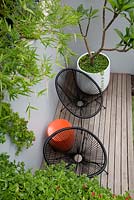 An overhead view of a timber deck with two black Acapulco chairs, an orange plastic drum table a round white plastic pot with a Plumeria, Frangipani in it in front of a grey painted cement rendered retaining wall and a screen of Slender weavers bamboo.