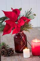 Poinsettia arranged in red glass vase with pine foliage and candles