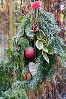 Frosty hanging bouquet of christmas foliage with bauble and heart in garden