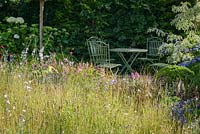 Wild-flower meadow with Cornus controversa 'Variegata' with wrought iron garden table and chairs. Squires Garden Center: Urban Oasis, RHS Hampton Court Palace Flower Show 2015. Designer: Ian Hammond