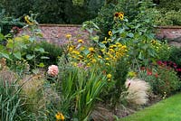 A hot late summer border with Dahlia 'Preference', Achillea, Helianthus and ornamental Carex grasses.