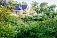 Former steward's house viewed from the woodland garden planted with ferns, acers and all sorts of choice, shade loving plants.