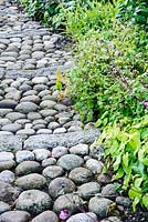 A path of cobbles and stone edged with epidmedium leads through the woodland garden.